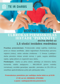 Ulbrokas pirmsskolas iestāde "Pienenīte’" aicina darbā, uz 1,5 slodzi, iestādes medmāsu