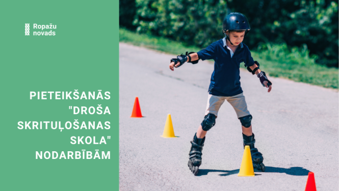Ropažu Sporta centrs aicina bērnus apgūt jaunas prasmes “Droša skrituļošanas skolā”, bildē bērns uz skritutuļslidām mācās skrituļot