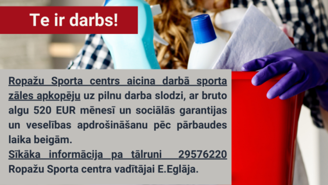 Ropažu Sporta centrs aicina darbā apkopēju un administratori/-u
