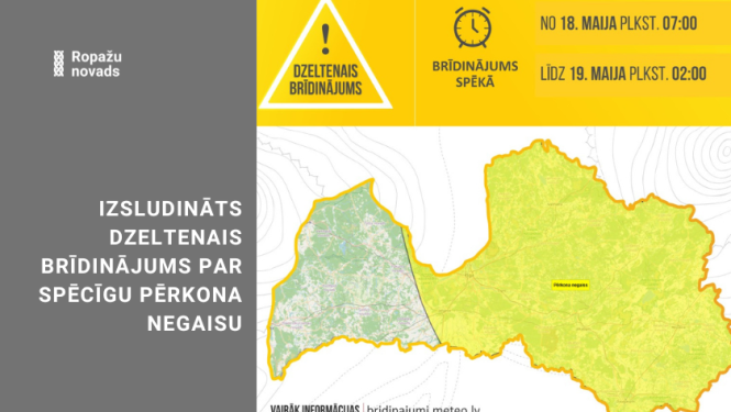 Latvijas Vides, ģeoloģijas un meteoroloģijas centra laika prognoze un izsludinātais dzeltenais brīdinājums par spēcīgu negaisu