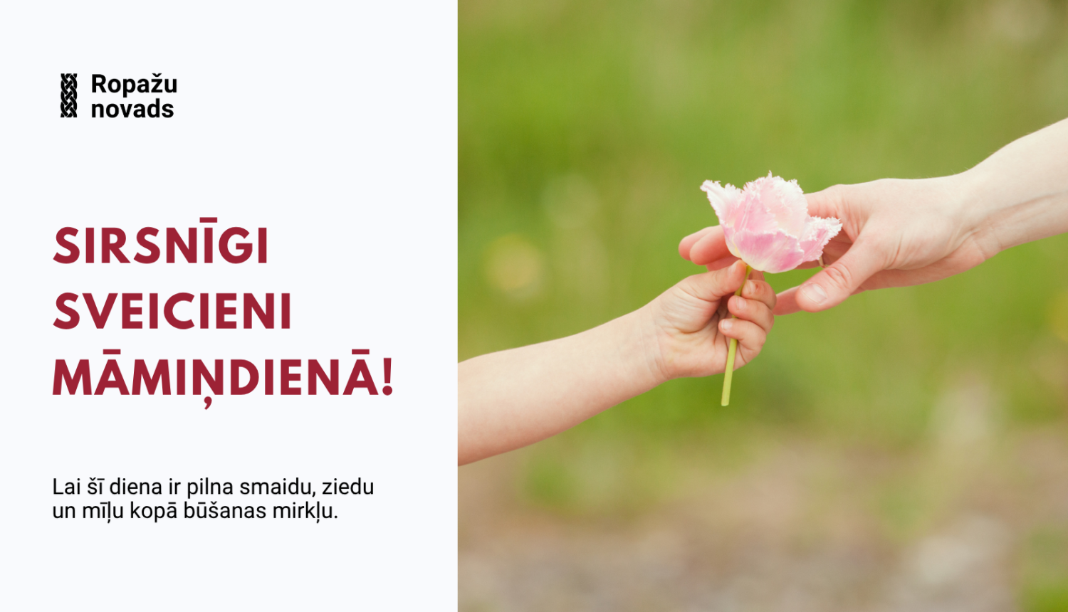 Māmiņdienas apsveikums, bildē rokas, kas pasniedz ziedus