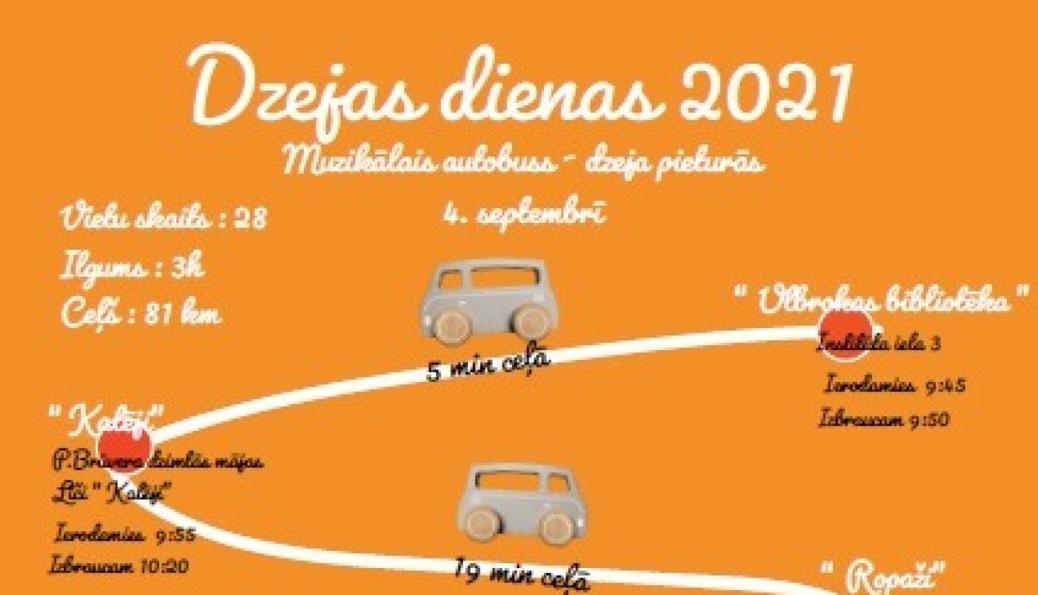 4. septembrī no plkst.10.00-13.00 aicina ceļojumā pa jaunā Ropažu novada literāro domu lielceļiem “Muzikālais autobuss – dzeja pieturās”, Dzejas dienu 2021 ietvaros
