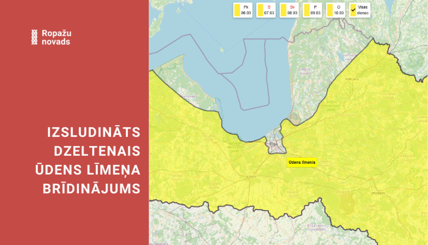 izsludināts dzeltanais brīdinājums, Latvijas karte